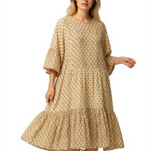 CLOSED Flowy Boho Tiered Midi Dress Neutral Print Bell Sleeves Small Relaxed